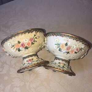 2 Antique Floral Decorative Bowls with Gold Accents